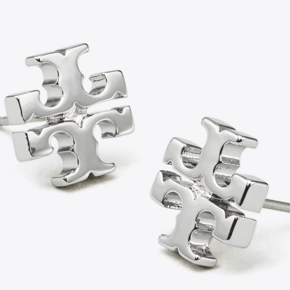 Brand New Tory Burch Kira Silver T-Logo Stud Earrings Includes Pouch